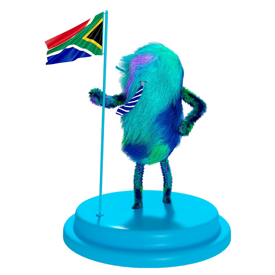 Lanline mascot Lanny standing with the South African flag